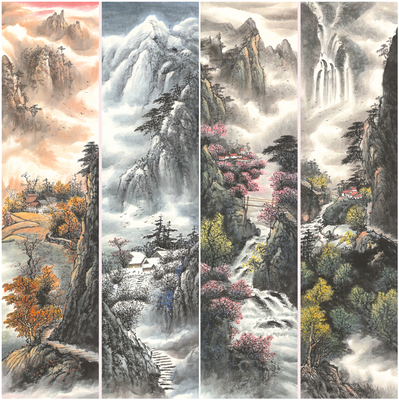 Chinese mountain and water 4 screens ink paintings